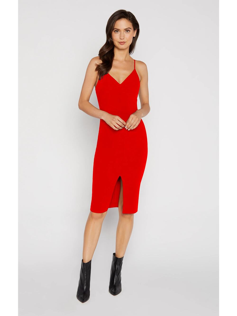Likely Brooklyn Red Strappy V-neck Fitted Classic Party Event Midi Dress 10